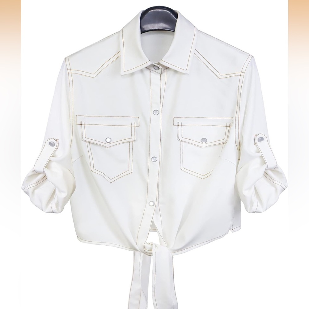 Cream Button-Up Shirt with Tie Front and Snap Pearl Buttons, Size XL